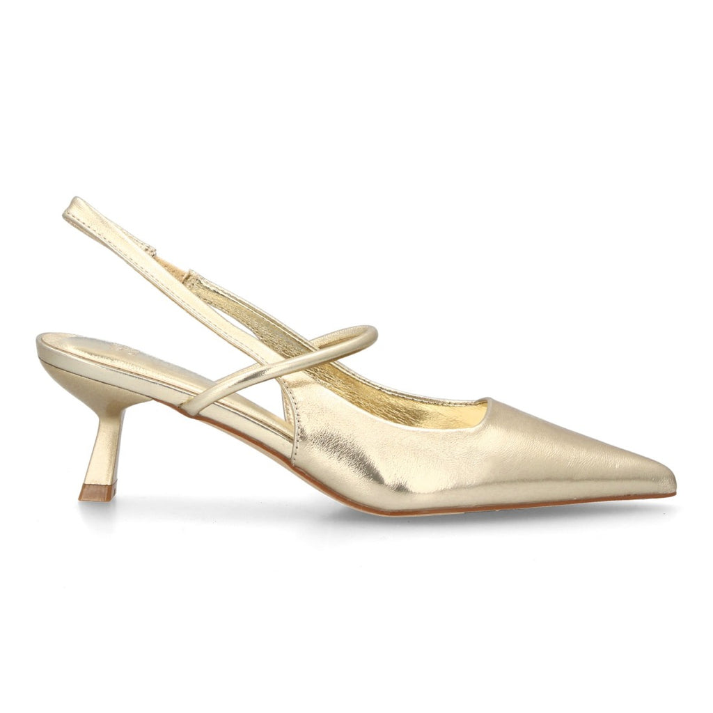 Zapatos de Salón de Mujer con Tacón Bajo, Punta Fina y Tiras Cruzadas -Oro