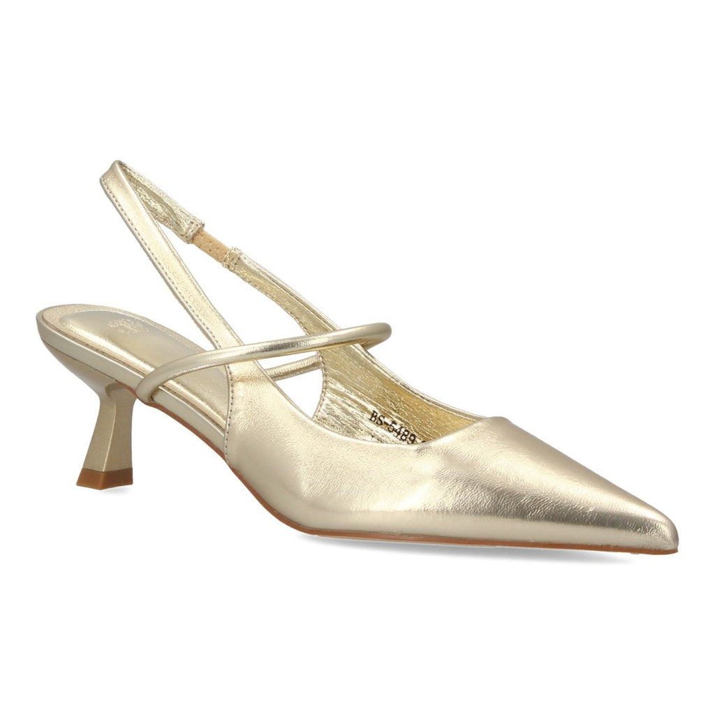 Zapatos de Salón de Mujer con Tacón Bajo, Punta Fina y Tiras Cruzadas -Oro