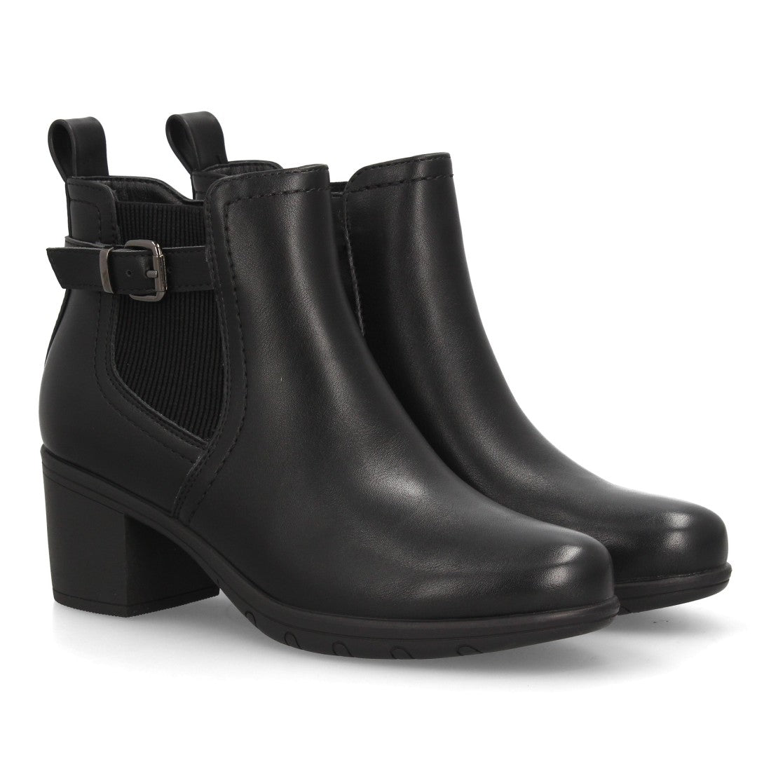 Botines Chelsea de Mujer con Tacón Ancho y Hebilla Lateral -Negro