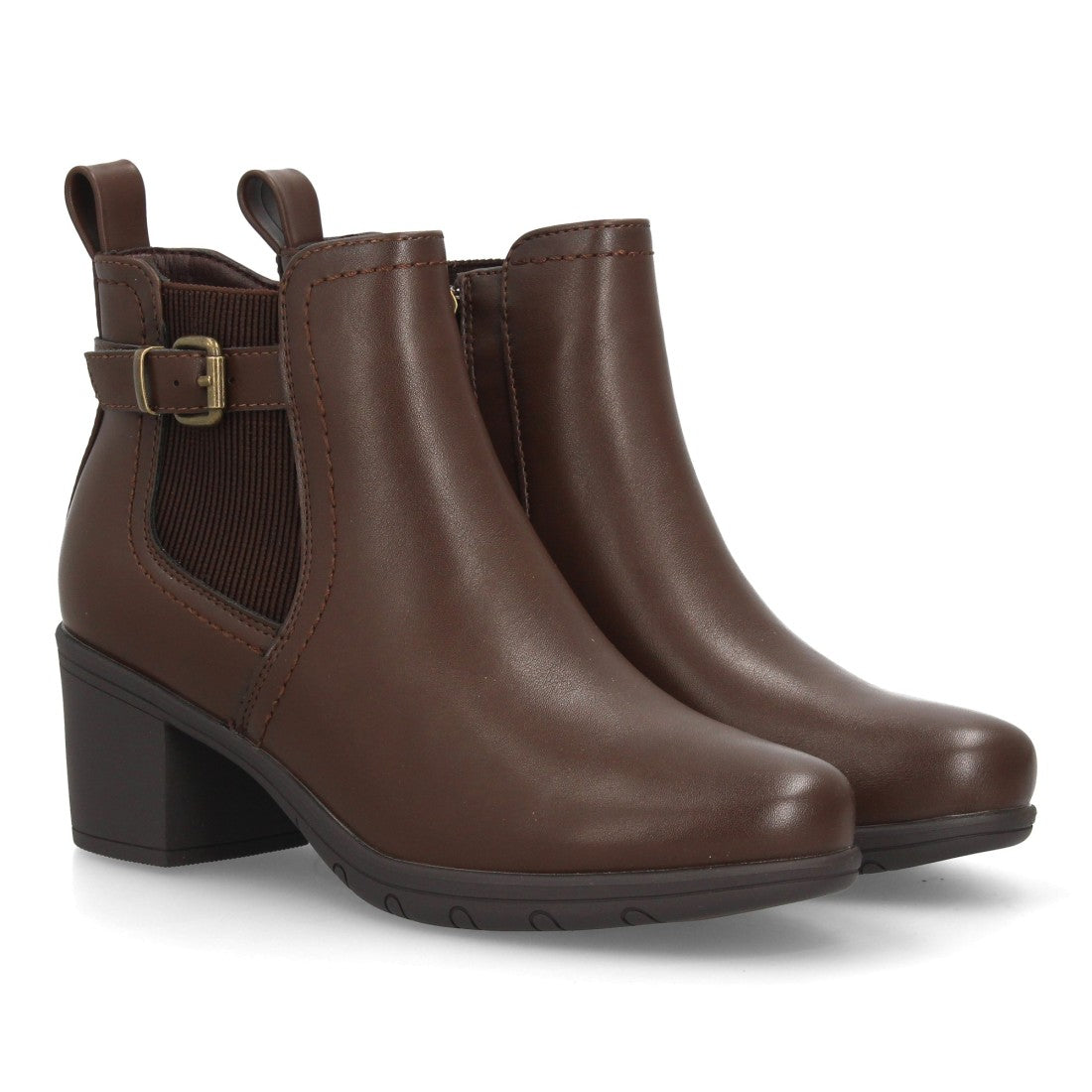 Botines Chelsea de Mujer con Tacón Ancho y Hebilla Lateral -Marron