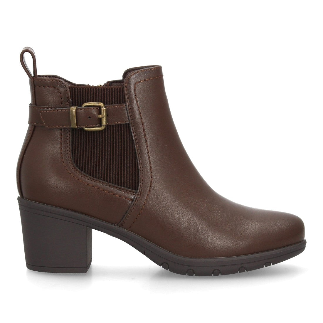 Botines Chelsea de Mujer con Tacón Ancho y Hebilla Lateral -Marron