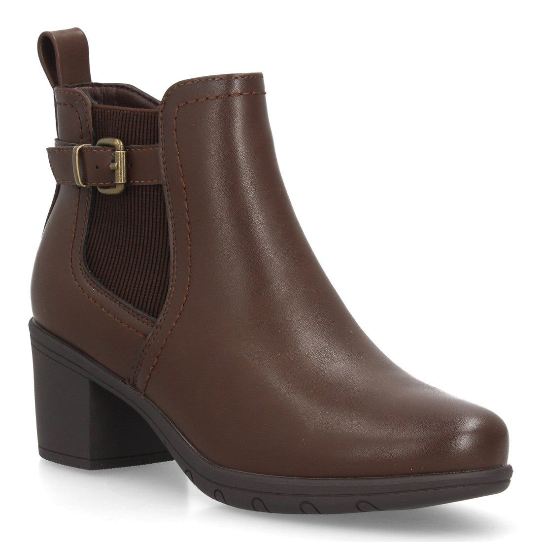 Botines Chelsea de Mujer con Tacón Ancho y Hebilla Lateral -Marron
