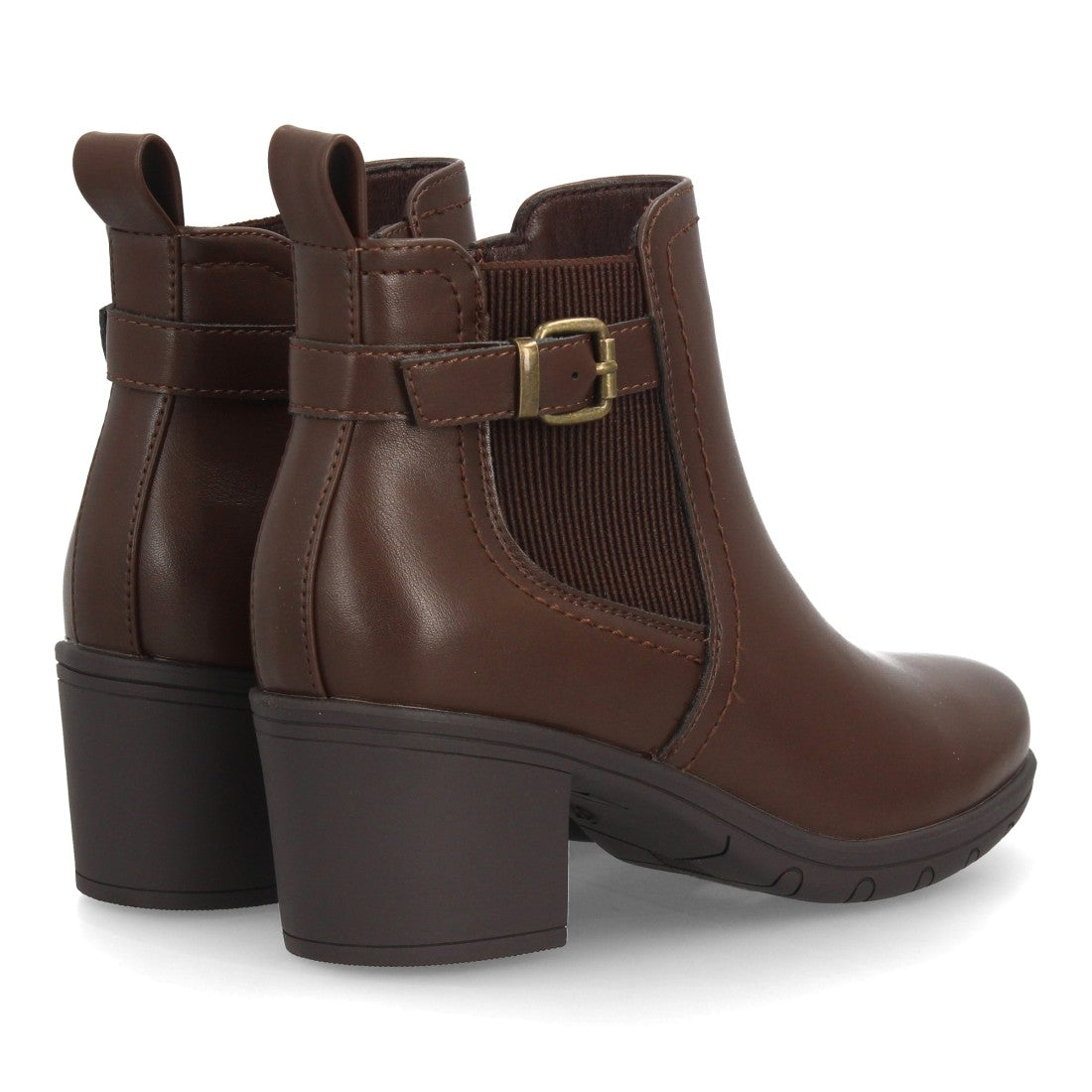 Botines Chelsea de Mujer con Tacón Ancho y Hebilla Lateral -Marron