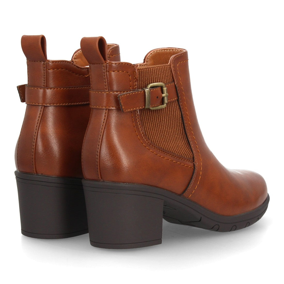 Botines Chelsea de Mujer con Tacón Ancho y Hebilla Lateral -Camel