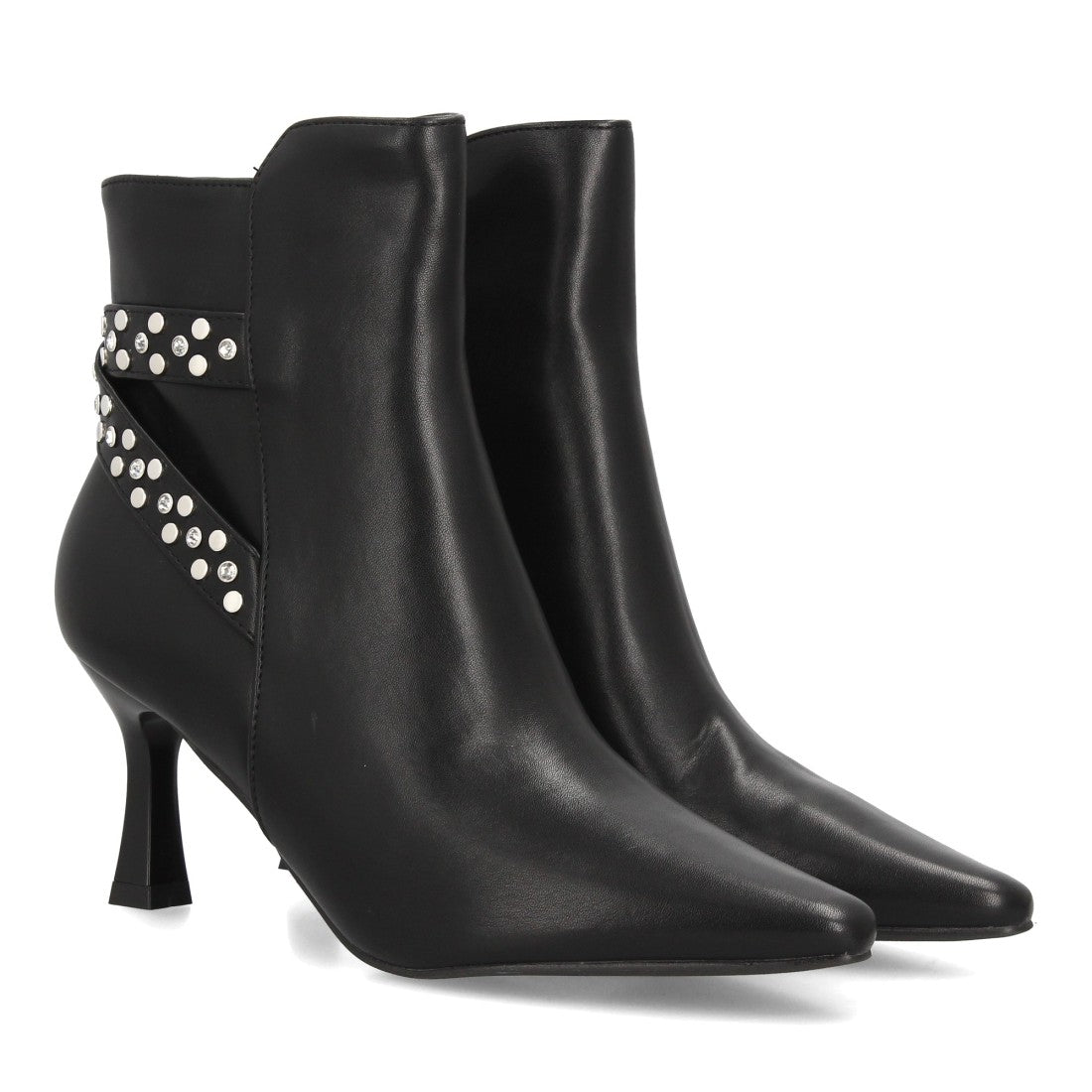 Botines de Mujer de Punta Fina con Tacón Fino, Tachuelas y Brillantes -Negro