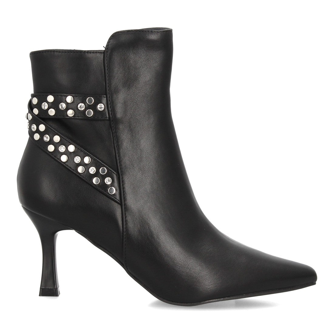 Botines de Mujer de Punta Fina con Tacón Fino, Tachuelas y Brillantes -Negro