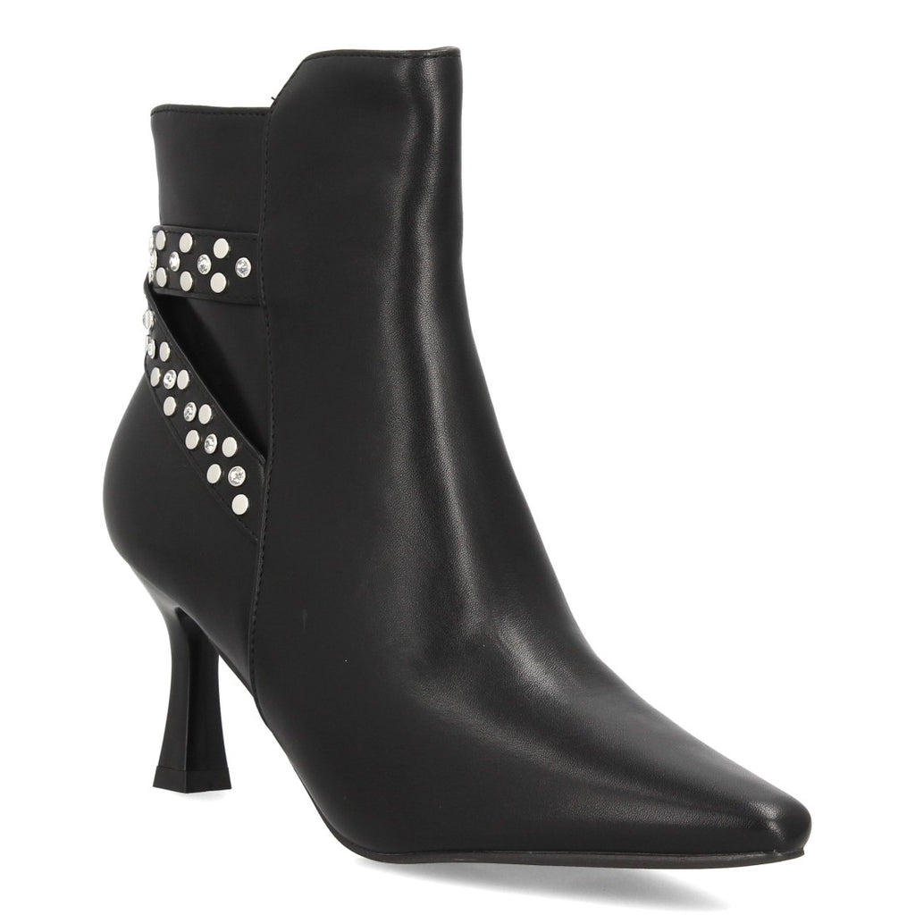 Botines de Mujer de Punta Fina con Tacón Fino, Tachuelas y Brillantes -Negro