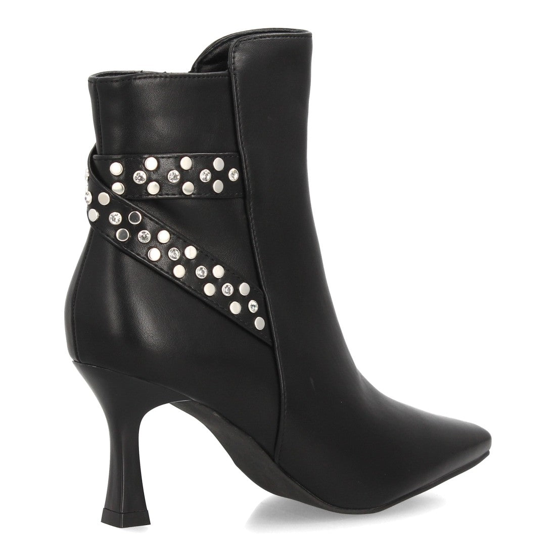Botines de Mujer de Punta Fina con Tacón Fino, Tachuelas y Brillantes -Negro
