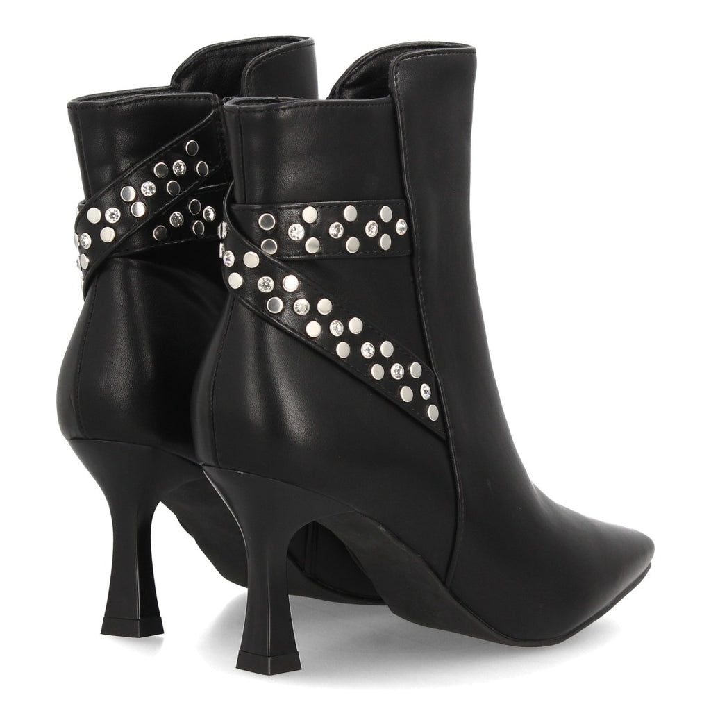 Botines de Mujer de Punta Fina con Tacón Fino, Tachuelas y Brillantes -Negro