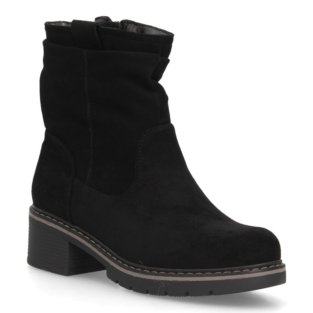 Botines de Mujer Efecto Ante con Caña Fruncida y Tacón Ancho -Negro