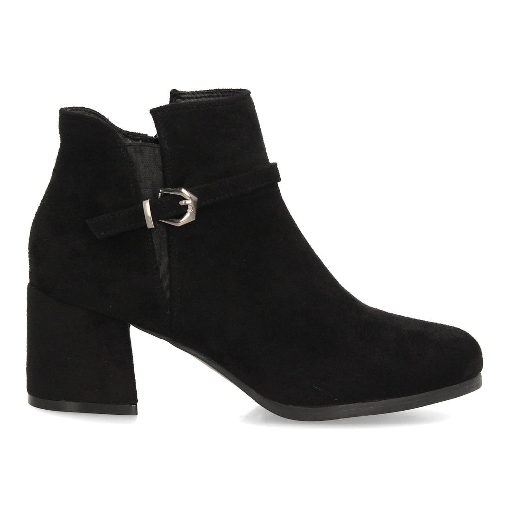 Botines de Mujer Efecto Ante con Tacón Ancho y Hebilla Metálica -Negro