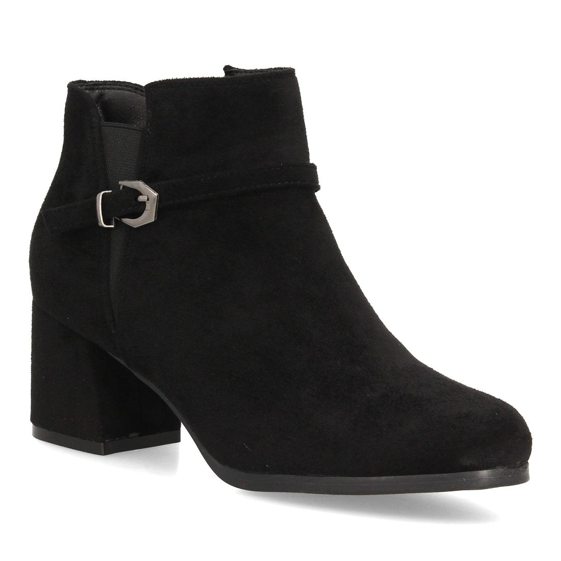 Botines de Mujer Efecto Ante con Tacón Ancho y Hebilla Metálica -Negro