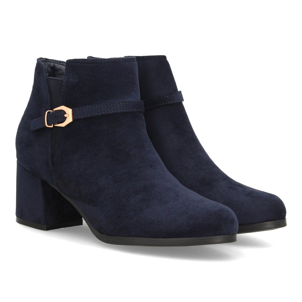 Botines de Mujer Efecto Ante con Tacón Ancho y Hebilla Metálica -Azul
