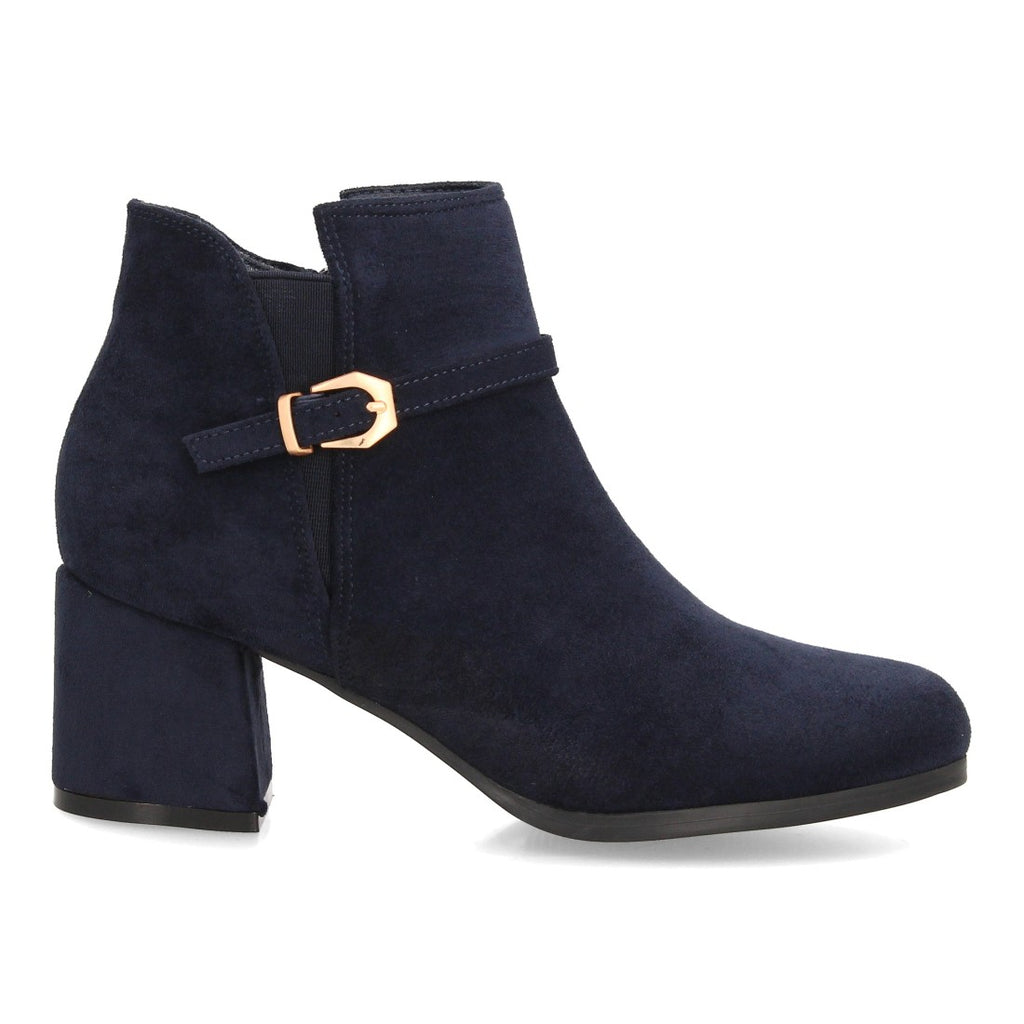 Botines de Mujer Efecto Ante con Tacón Ancho y Hebilla Metálica -Azul