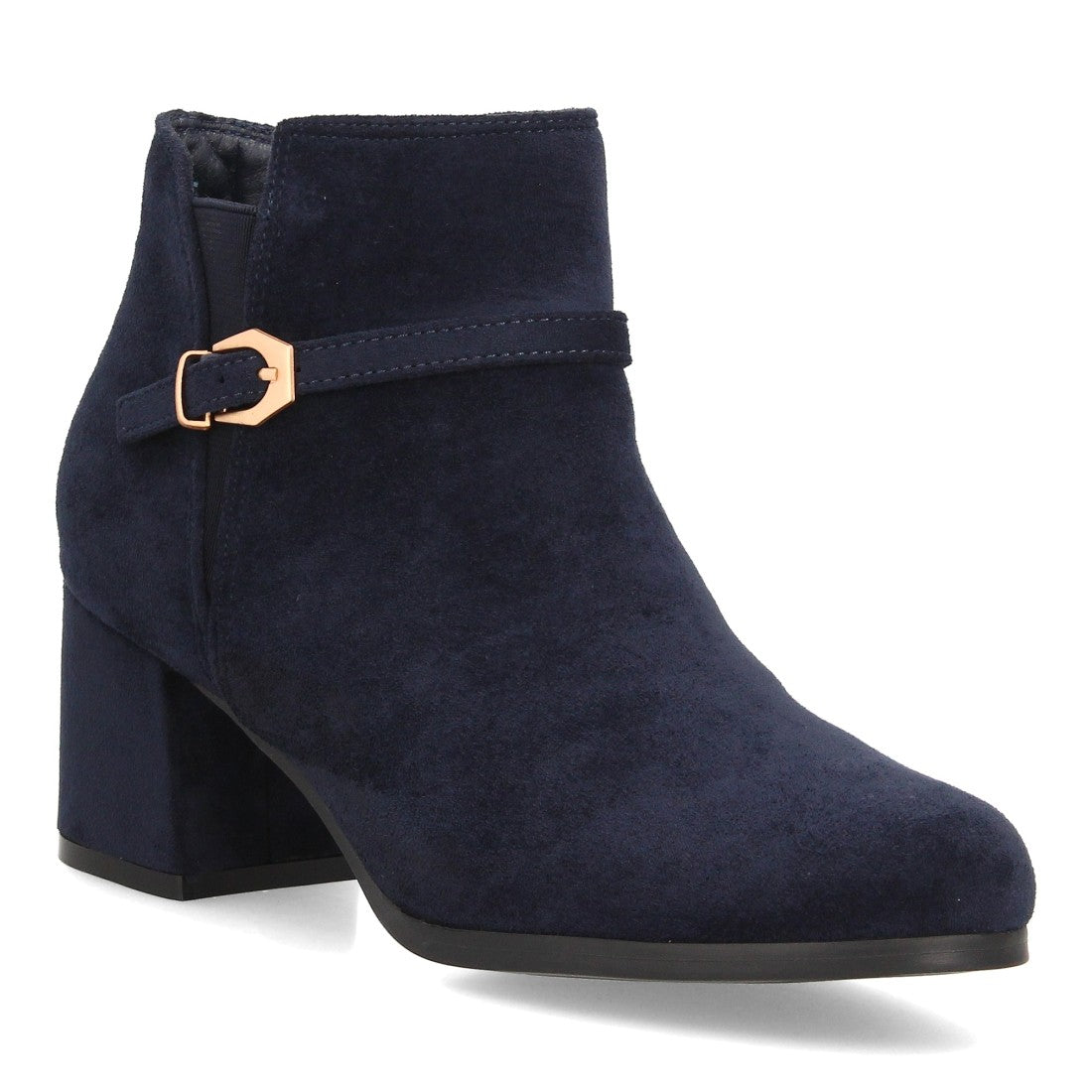 Botines de Mujer Efecto Ante con Tacón Ancho y Hebilla Metálica -Azul