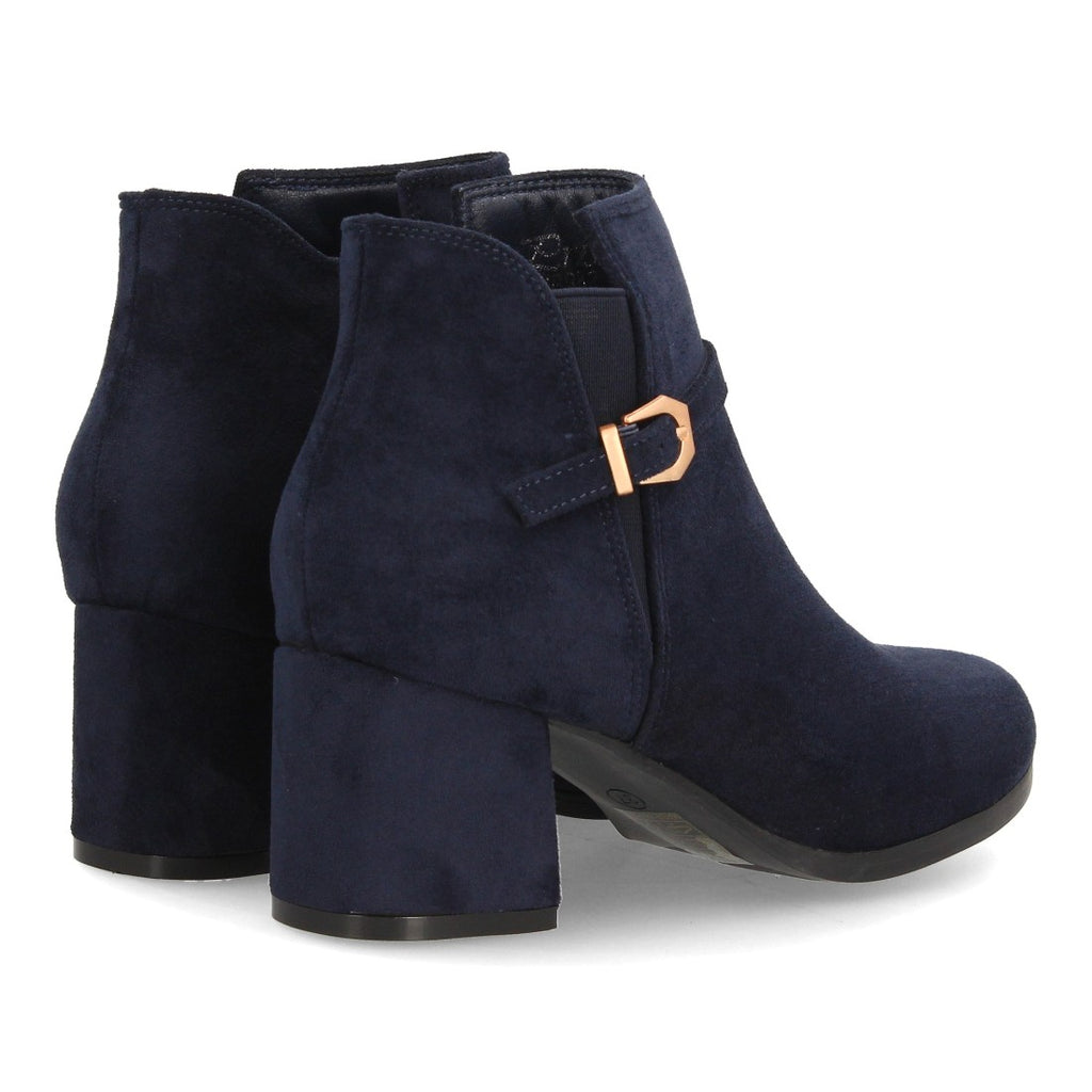 Botines de Mujer Efecto Ante con Tacón Ancho y Hebilla Metálica -Azul