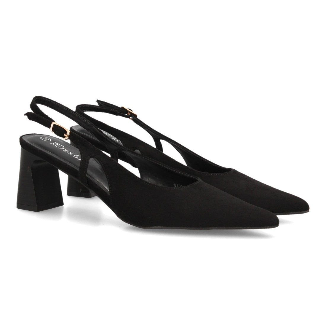 Zapatos Slingback de Mujer con Tacón Ancho, Punta Fina y Efecto Ante -Negro