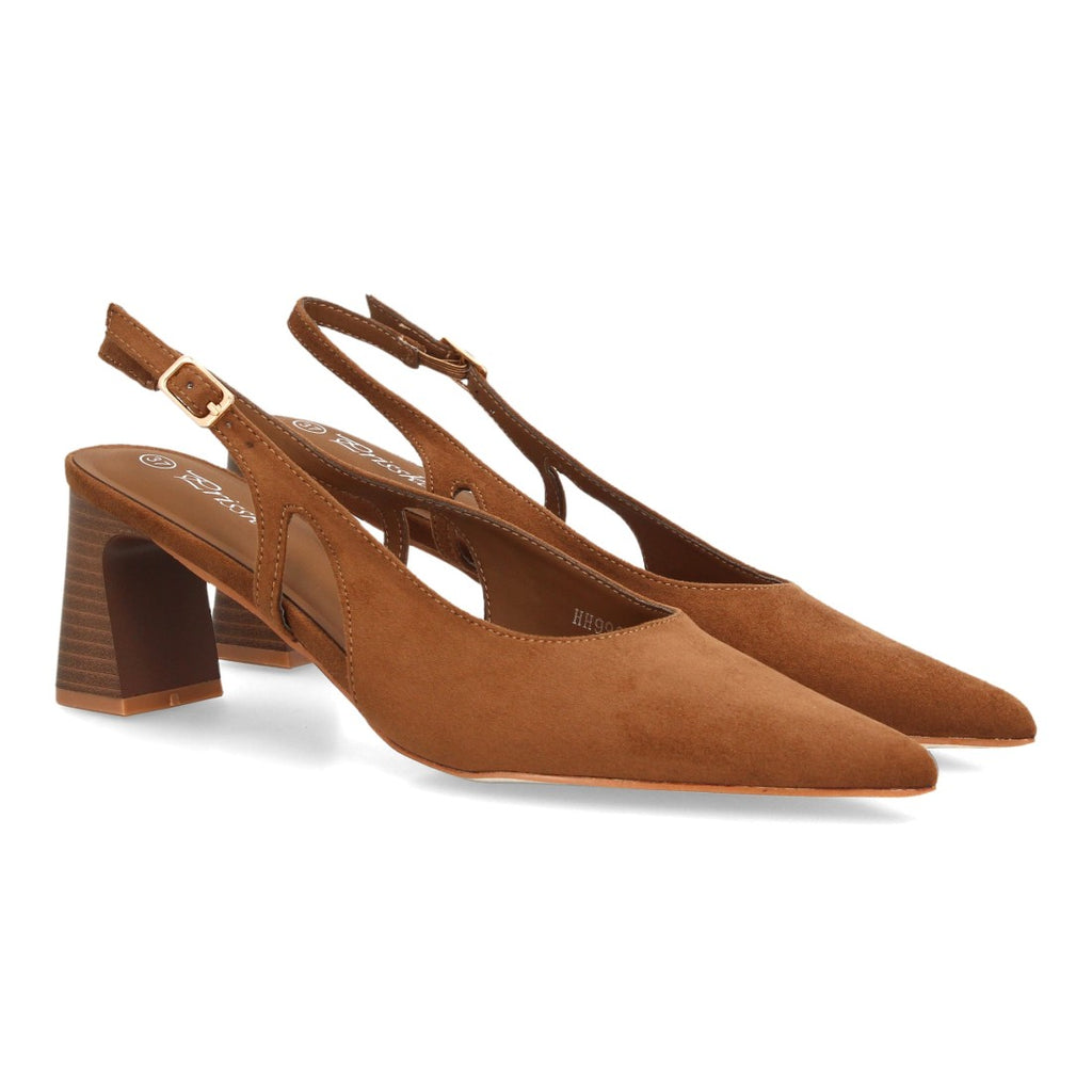 Zapatos Slingback de Mujer con Tacón Ancho, Punta Fina y Efecto Ante -Camel