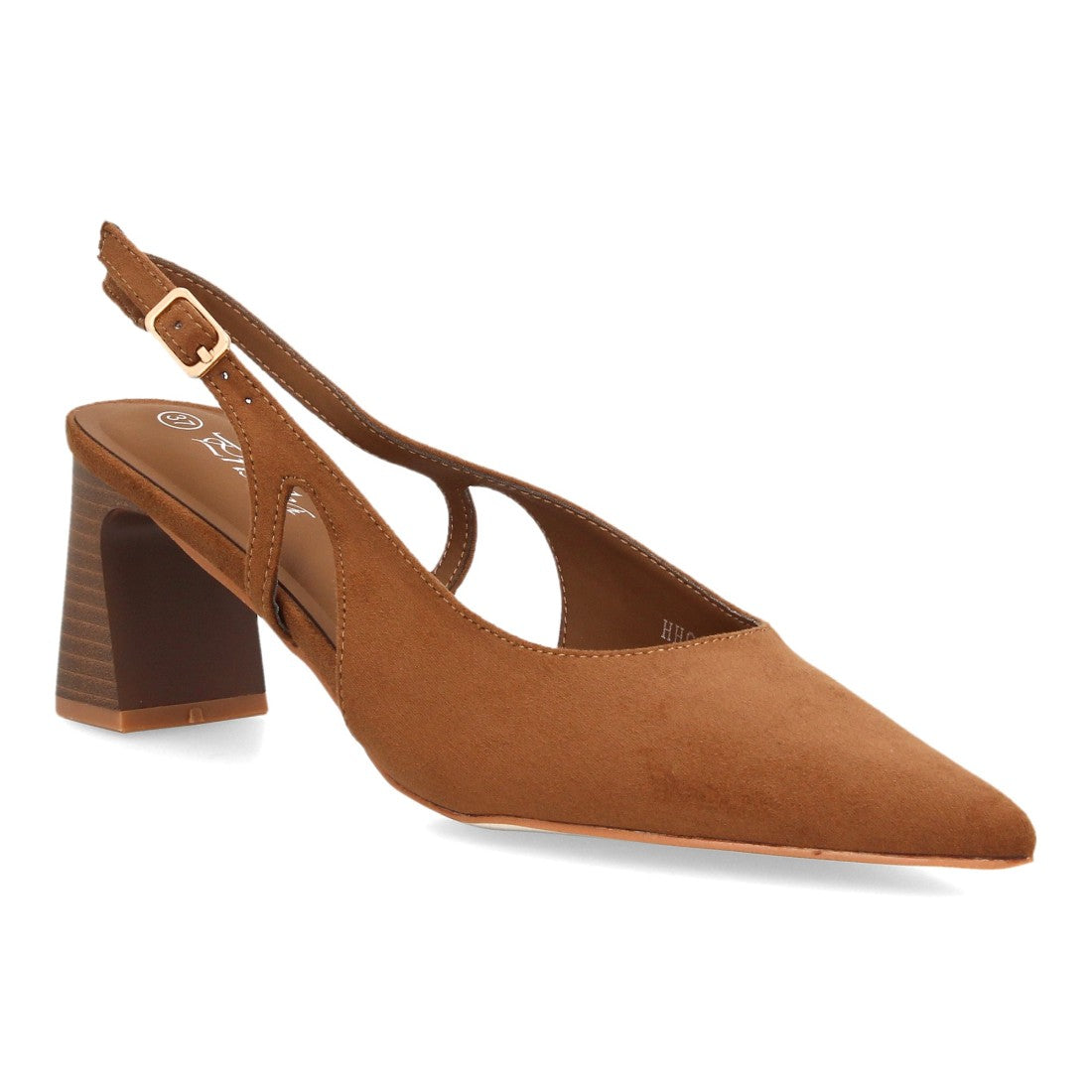 Zapatos Slingback de Mujer con Tacón Ancho, Punta Fina y Efecto Ante -Camel