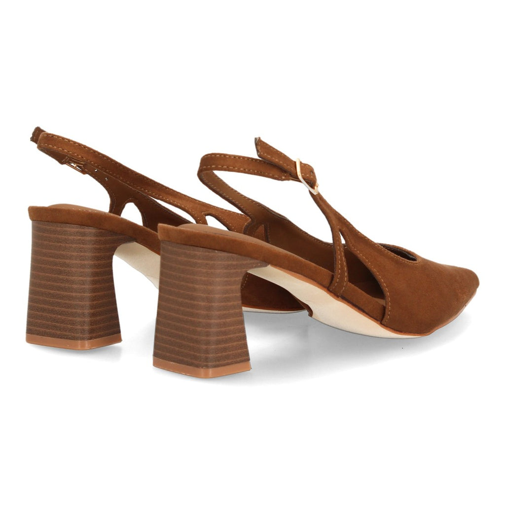 Zapatos Slingback de Mujer con Tacón Ancho, Punta Fina y Efecto Ante -Camel