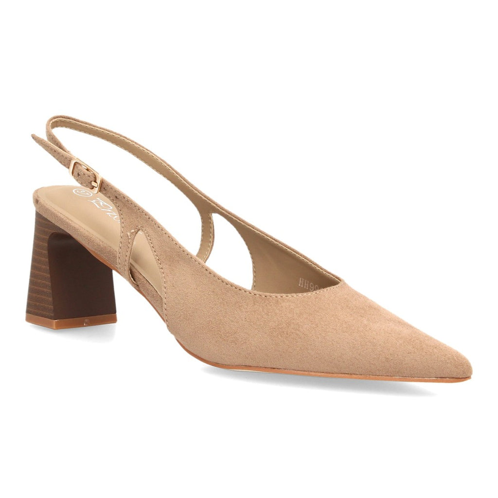 Zapatos Slingback de Mujer con Tacón Ancho, Punta Fina y Efecto Ante -Kaki