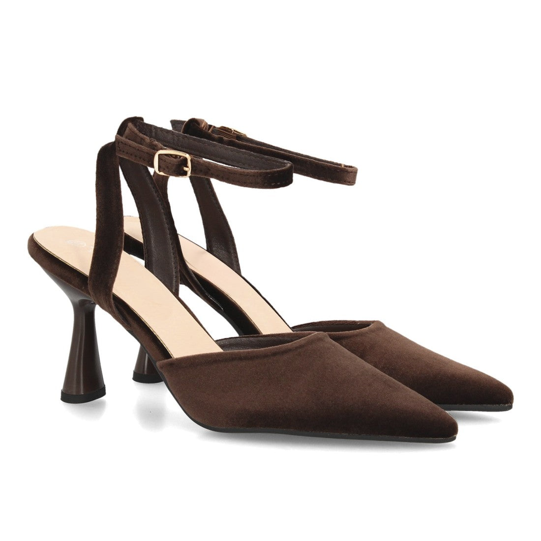Zapatos Destalonados de Mujer con Tacón y Tiras al Tobillo -Marron