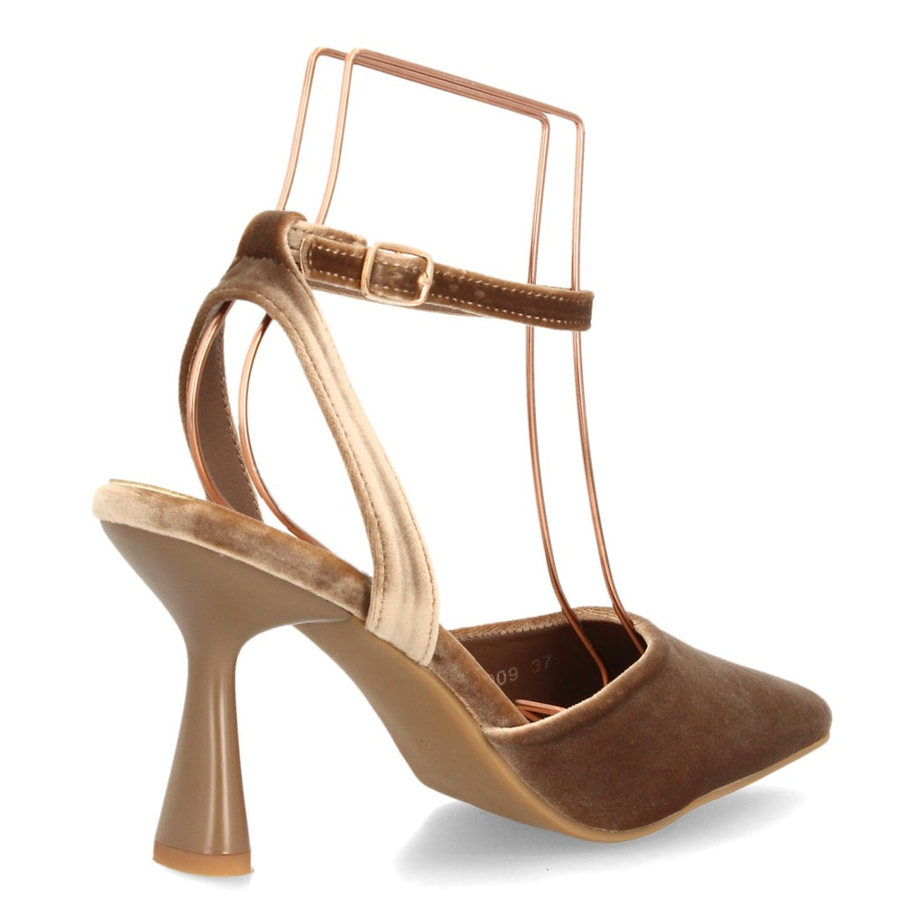 Zapatos Destalonados de Mujer con Tacón y Tiras al Tobillo -Kaki