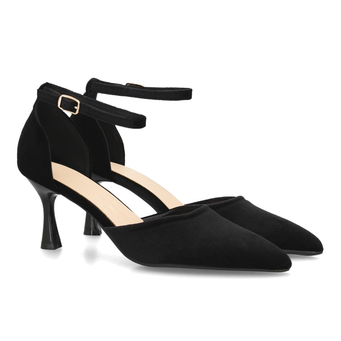 Zapatos de Tacón de Mujer con Punta Fina y Tiras al Tobillo -Negro