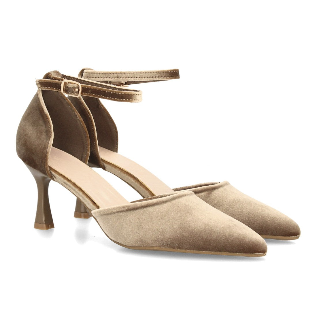 Zapatos de Tacón de Mujer con Punta Fina y Tiras al Tobillo -Kaki