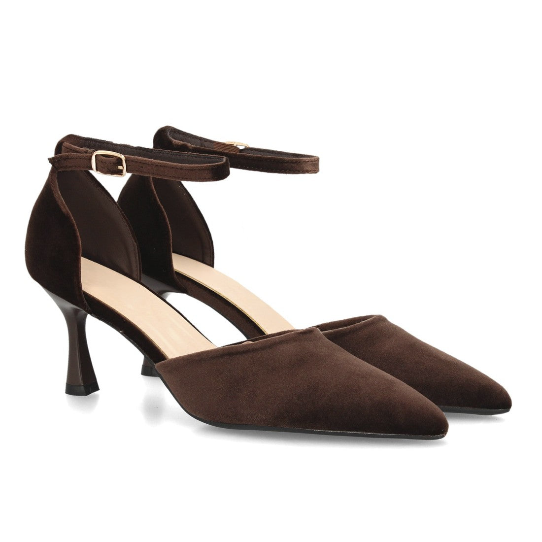 Zapatos de Tacón de Mujer con Punta Fina y Tiras al Tobillo -Marron