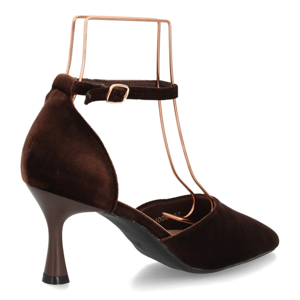 Zapatos de Tacón de Mujer con Punta Fina y Tiras al Tobillo -Marron