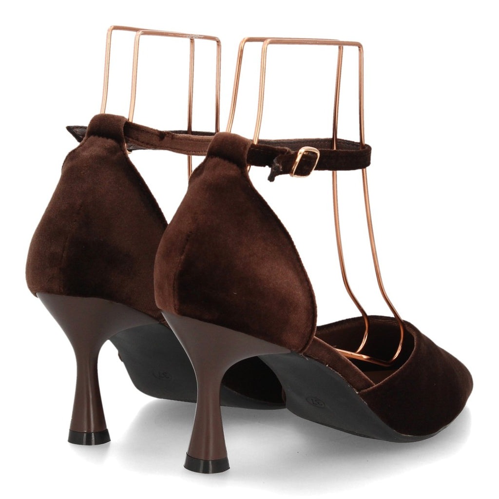 Zapatos de Tacón de Mujer con Punta Fina y Tiras al Tobillo -Marron