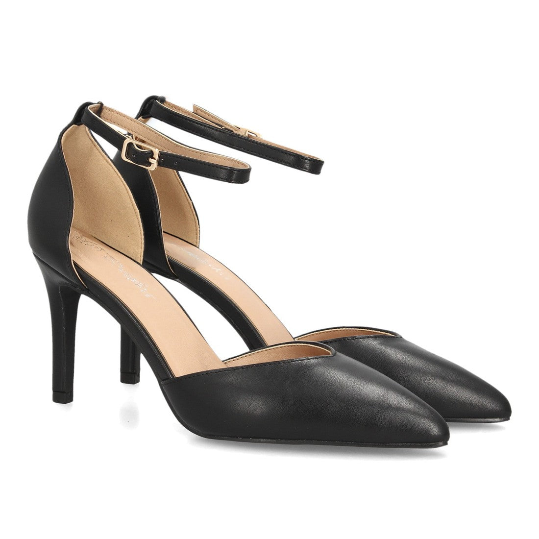 Zapatos de Mujer de Punta Fina con Tacón Fino y Pulsera al Tobillo -Negro