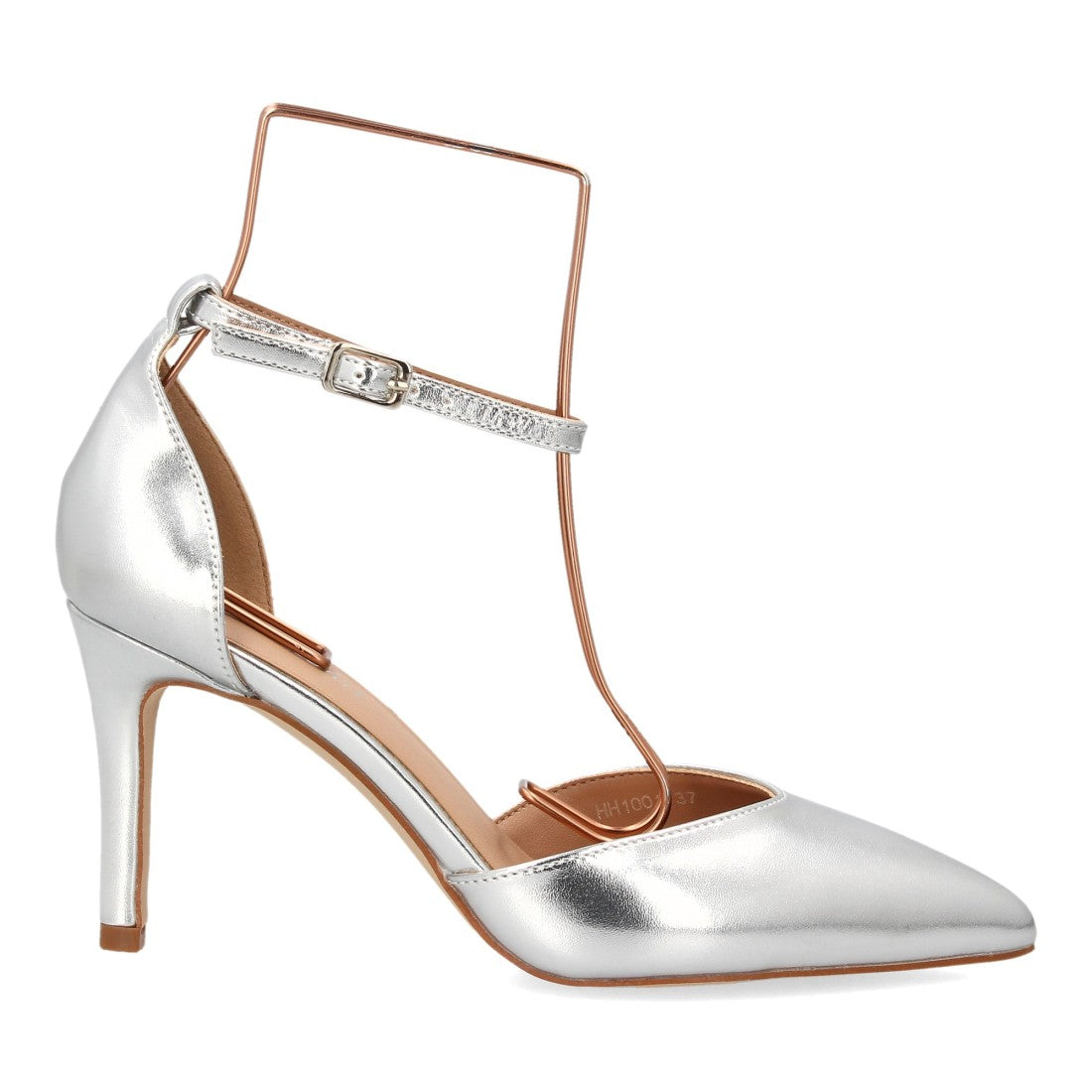 Zapatos de Mujer de Punta Fina con Tacón Fino y Pulsera al Tobillo -Plata