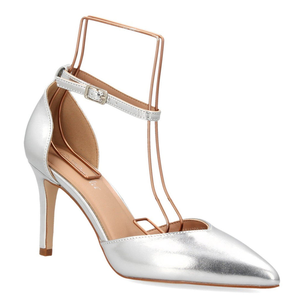 Zapatos de Mujer de Punta Fina con Tacón Fino y Pulsera al Tobillo -Plata