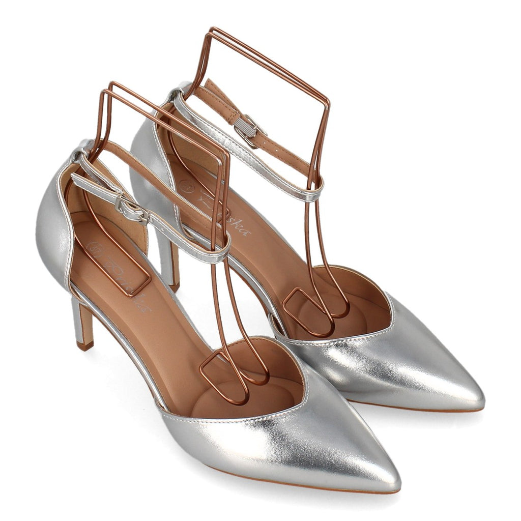 Zapatos de Mujer de Punta Fina con Tacón Fino y Pulsera al Tobillo -Plata