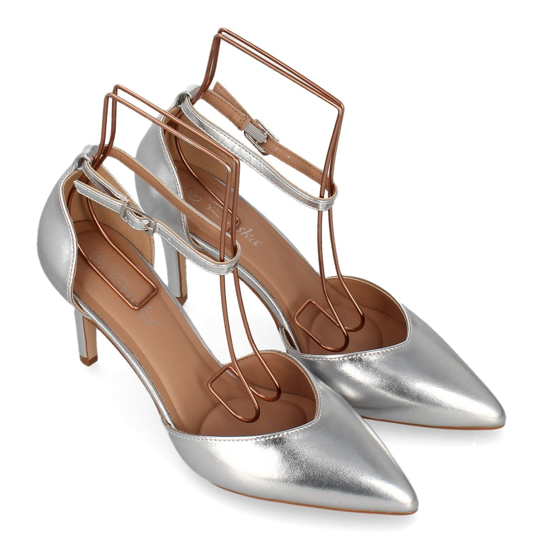Zapatos de Mujer de Punta Fina con Tacón Fino y Pulsera al Tobillo -Plata
