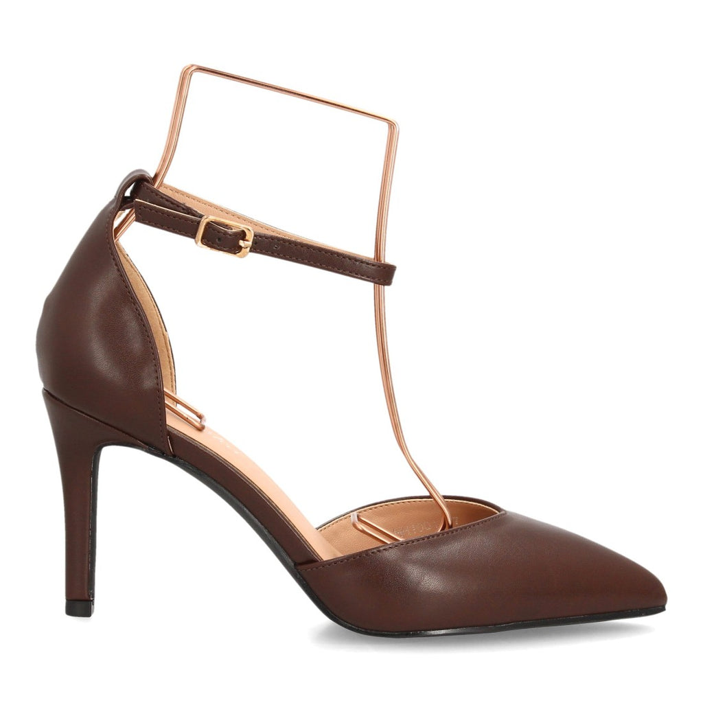 Zapatos de Mujer de Punta Fina con Tacón Fino y Pulsera al Tobillo -Marron