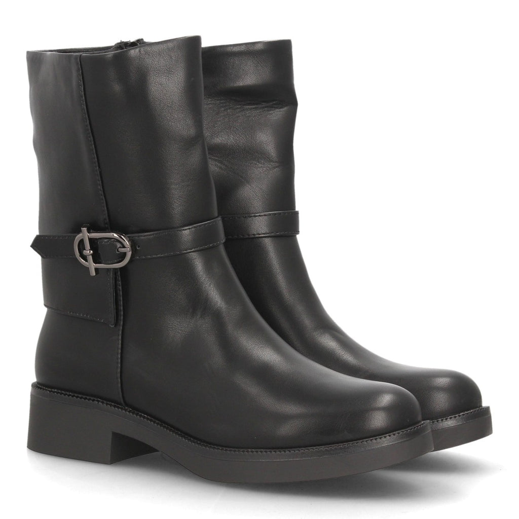 Botas de Mujer de Caña Media Estilo Motero con Hebilla y Cremallera -Negro