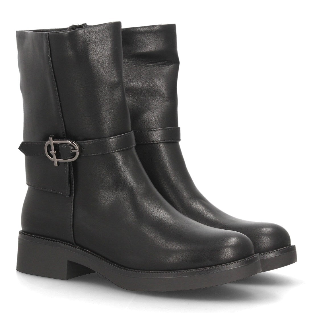 Botas de Mujer de Caña Media Estilo Motero con Hebilla y Cremallera -Negro