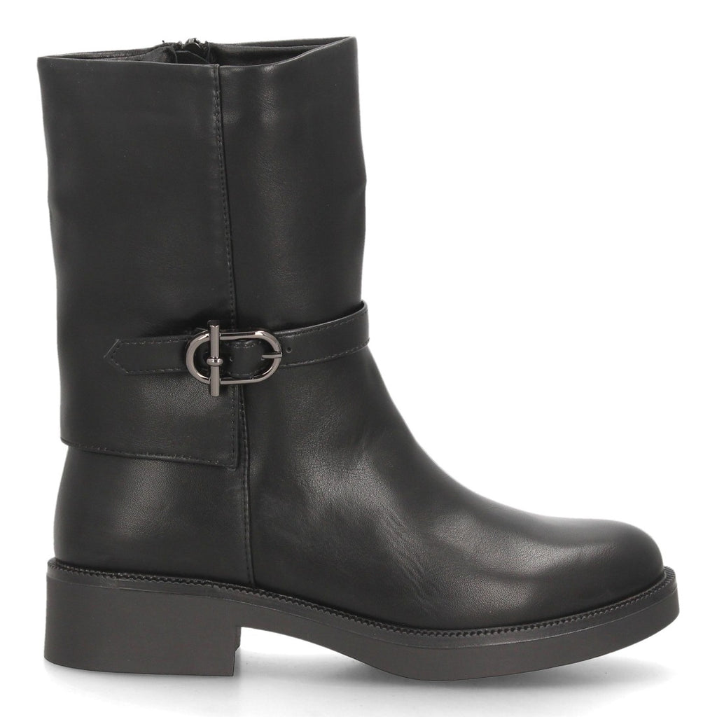 Botas de Mujer de Caña Media Estilo Motero con Hebilla y Cremallera -Negro
