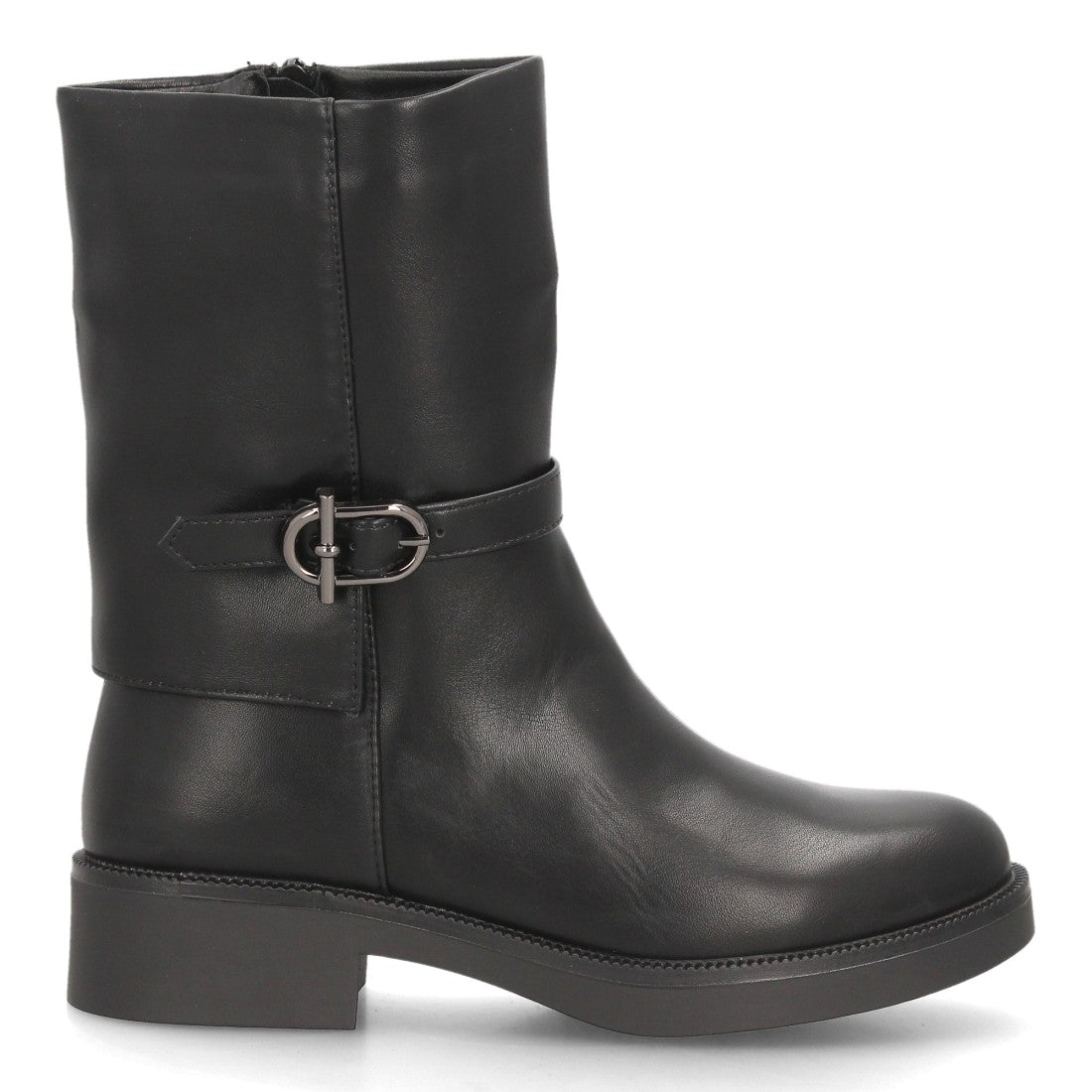 Botas de Mujer de Caña Media Estilo Motero con Hebilla y Cremallera -Negro
