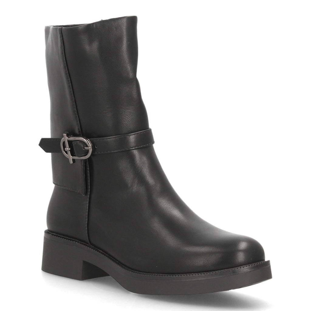Botas de Mujer de Caña Media Estilo Motero con Hebilla y Cremallera -Negro