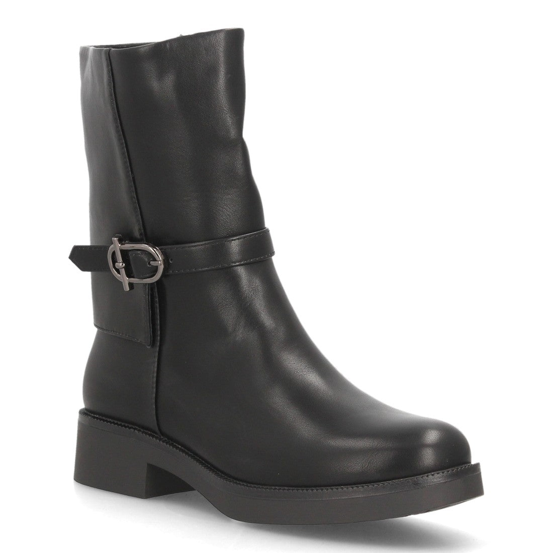 Botas de Mujer de Caña Media Estilo Motero con Hebilla y Cremallera -Negro