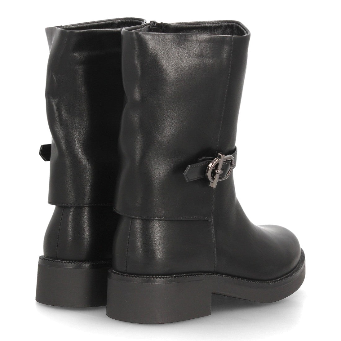 Botas de Mujer de Caña Media Estilo Motero con Hebilla y Cremallera -Negro