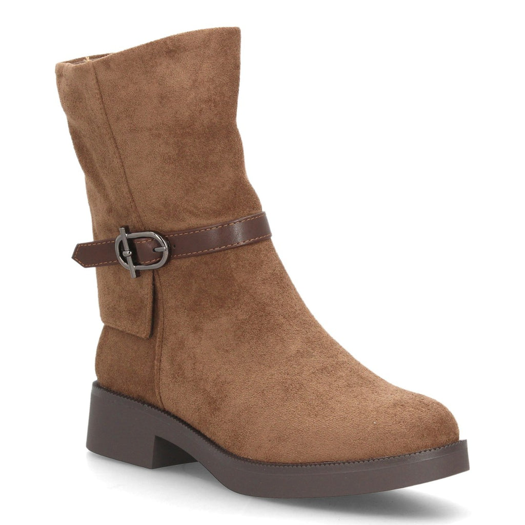 Botas de Mujer de Caña Media Estilo Motero con Hebilla y Cremallera -Kaki