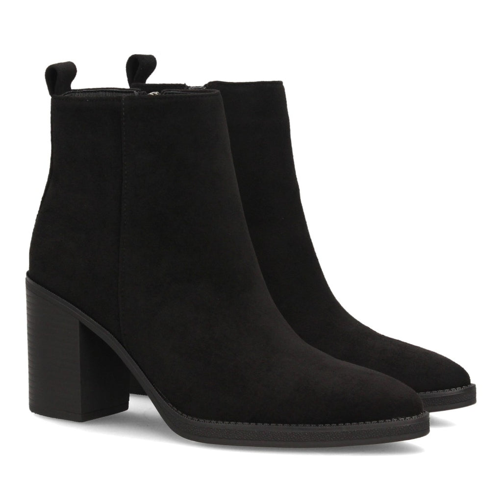 Botines de Mujer Efecto Ante con Tacón Alto y Ancho y Punta Fina -Negro
