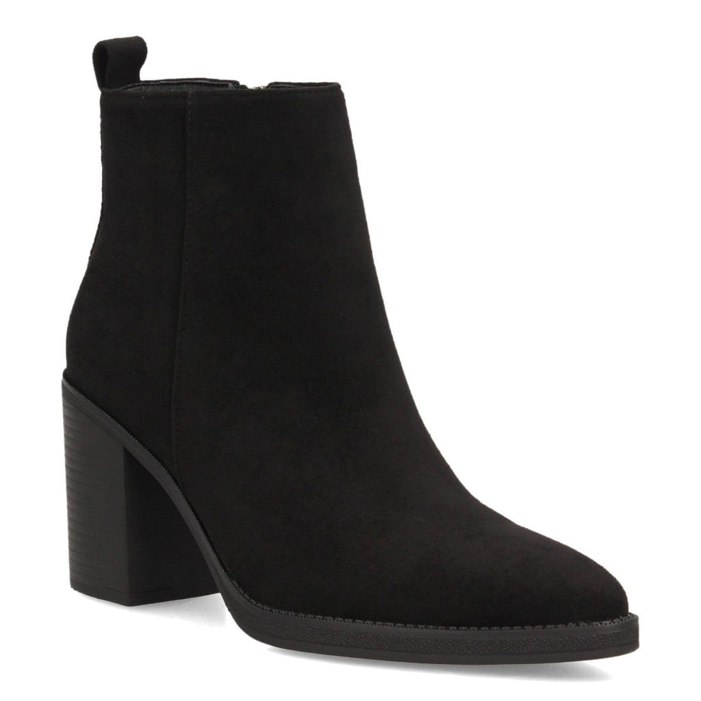 Botines de Mujer Efecto Ante con Tacón Alto y Ancho y Punta Fina -Negro