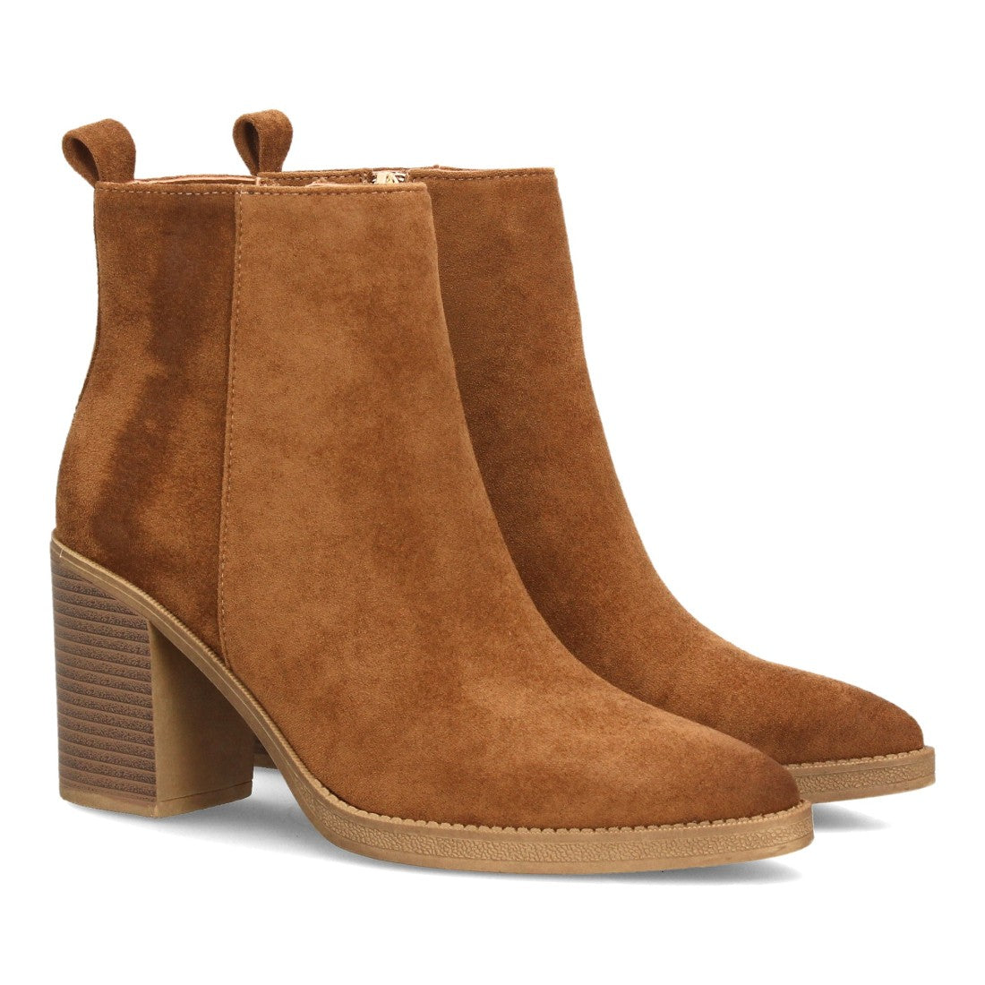Botines de Mujer Efecto Ante con Tacón Alto y Ancho y Punta Fina -Camel