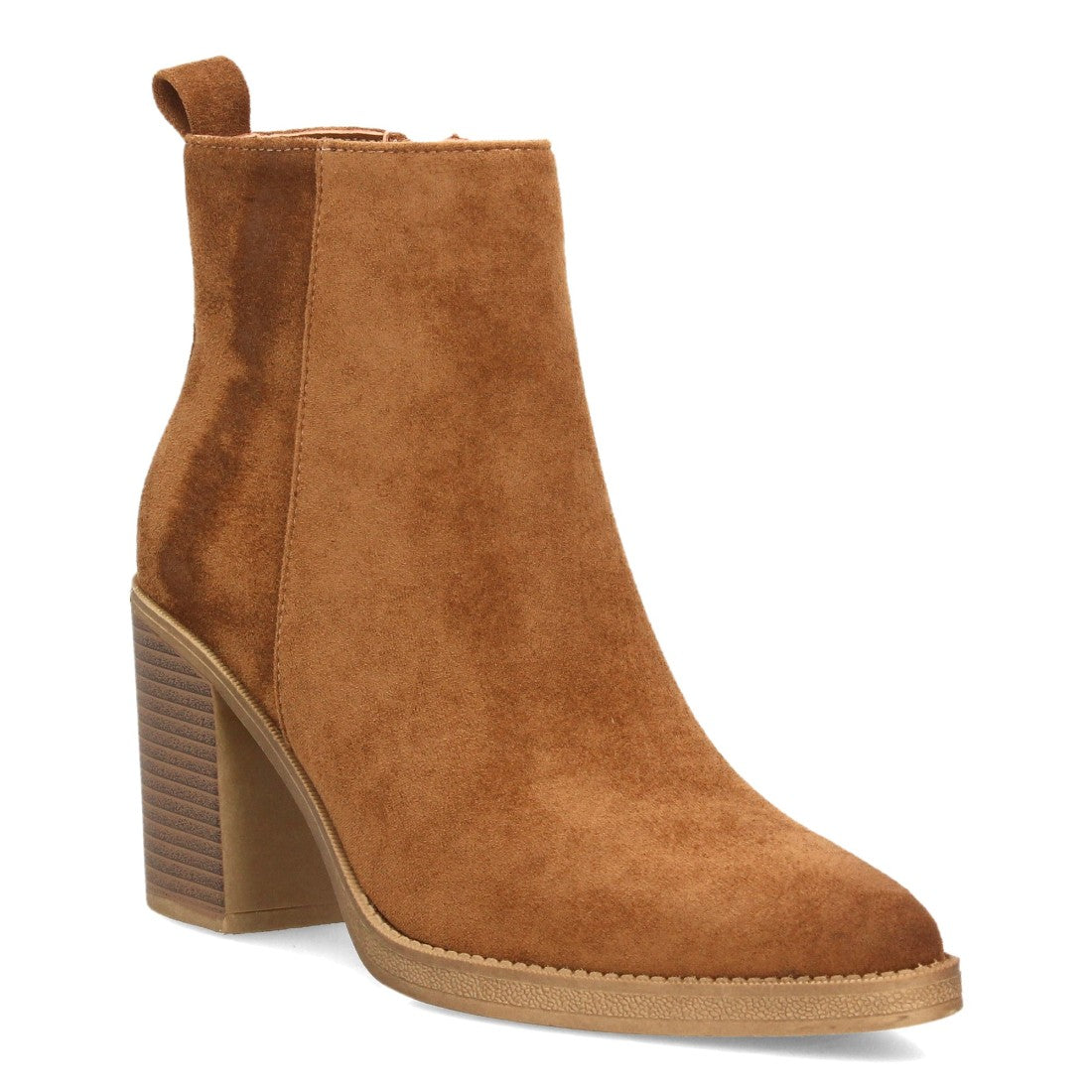 Botines de Mujer Efecto Ante con Tacón Alto y Ancho y Punta Fina -Camel